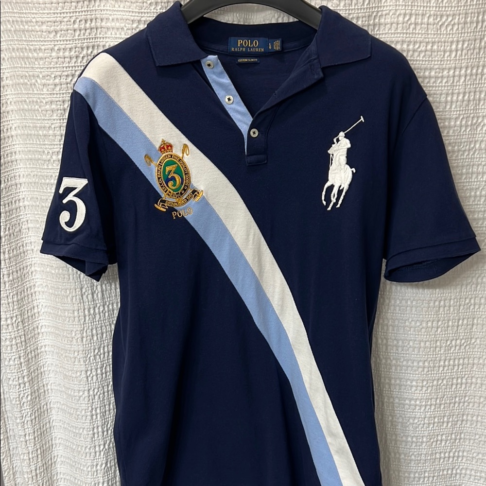 Polo Ralph Lauren Navy Polo Shirt with White and Blue Crossing Stripes and Crest